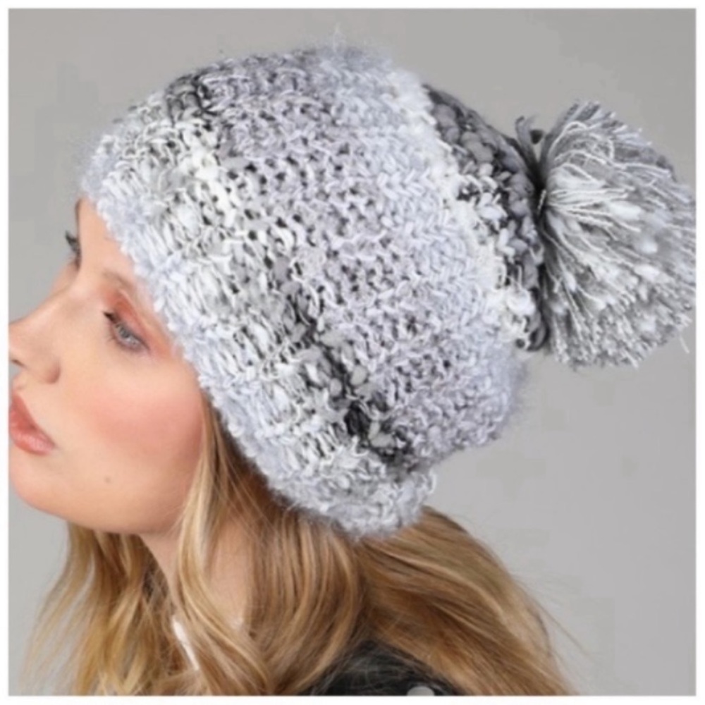 Grey soft knit pom beanie